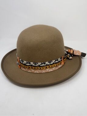 Custom Taupe Felt Bowler Hat with Patterned Scarf Accent